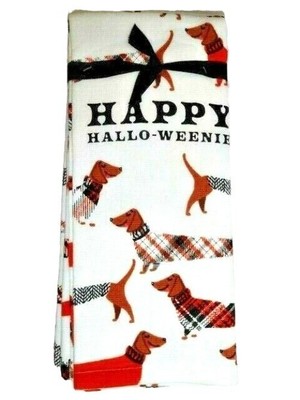 Happy Hallo-Weenie Kitchen Towels Dachshunds in Sweaters Halloween Dog Home 2-Pc