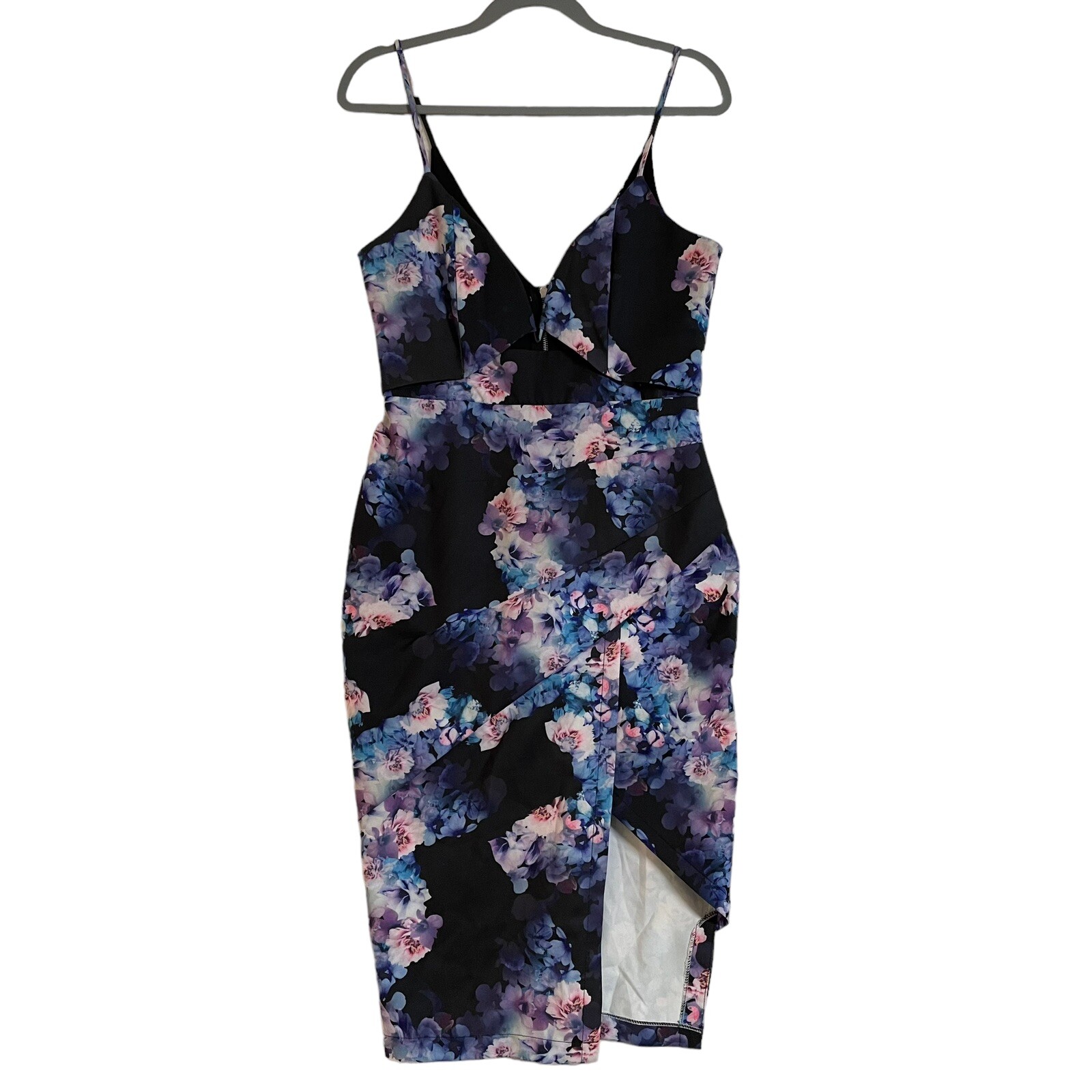 Knight Angel Black Floral V-Neck Keyhole Cocktail Dress Size 12 with Layered Skirt-image