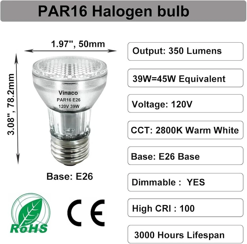 PAR16 Haloge Bulb - 6 Pack 39W 120V E26 Base Warm White 2800k, Long Lasting - Image 2 of 4