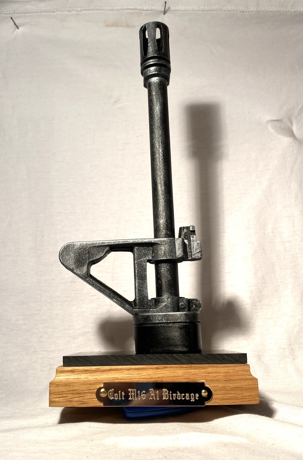 Display stand for Colt M16 A1 Bircage bayo. with wooden base and engraved plate