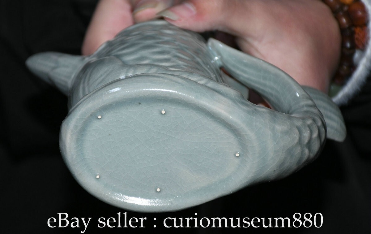 7.2" Old Chinese Ru Kiln Blue Glaze Porcelain Fish Lid Wine Tea Pot Flagon