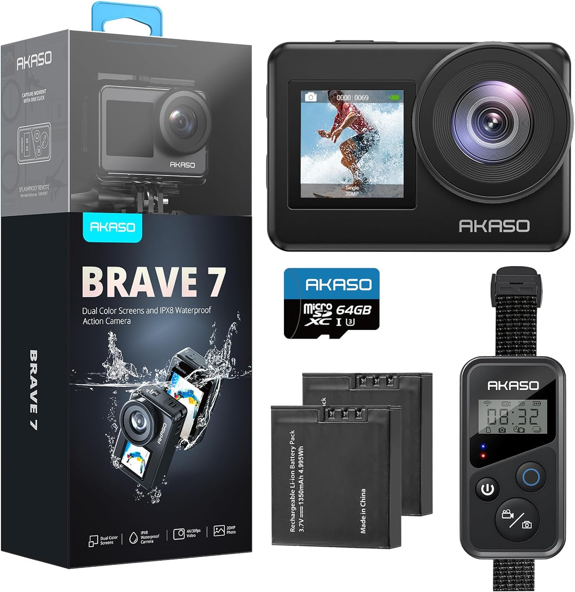 Brave Action Camera with 64GB Microsdxc Memory Card IPX8