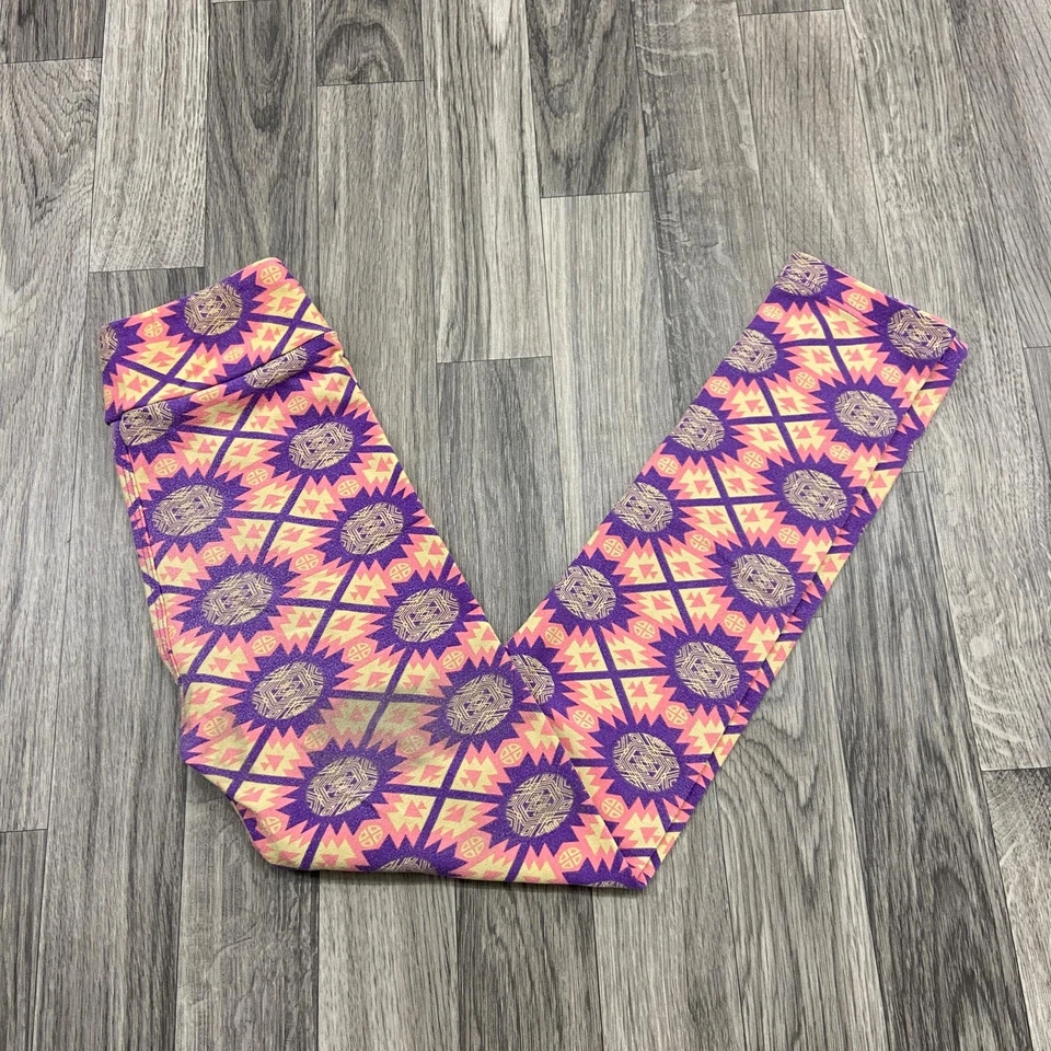 Leggings LULAROE cintura elástica rosa/roxa estampa asteca tamanho G/XL para meninas - Imagem 2 de 4