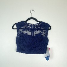 Maniju Womens Small Prom Formal Dress Crop Top Lace Sheer Sleeveless Navy Blue