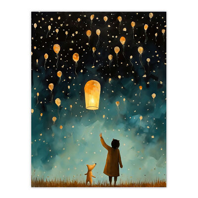 Releasing Sky Lanterns Festival Magic Kinderzimmer Kunst Wandbild Poster Druck