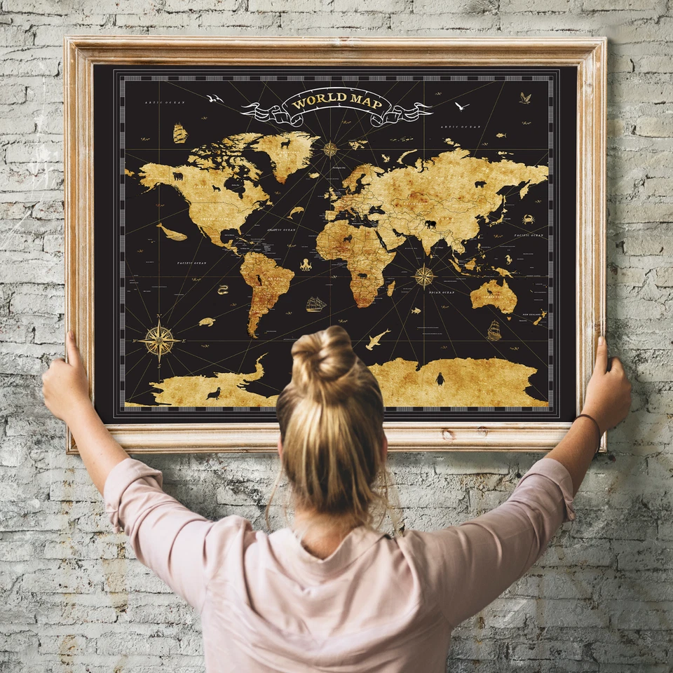 World Map Pinboard Wall Art Travel Tracker Board, Black and Gold - Image 3 of 4