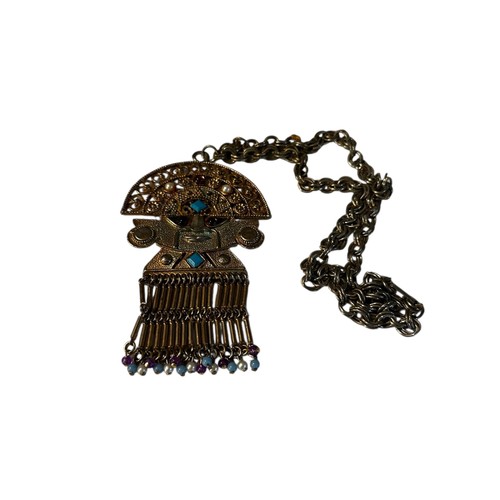 Vintage Craft Mayan Aztec Metallic Pendant Necklace