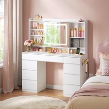 9Drawers Vanity Makeup Dressing Table with Sliding Mirror LED Lights Power Strip