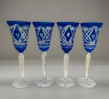 Bohemian Cobalt Cut To Clear 4 Long Stem Cordials Wine Hock Champagne Flutes  9”