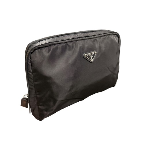 Prada Black Vela Nylon Triangle Logo Travel Pouch Cosmetic Clutch NWOT