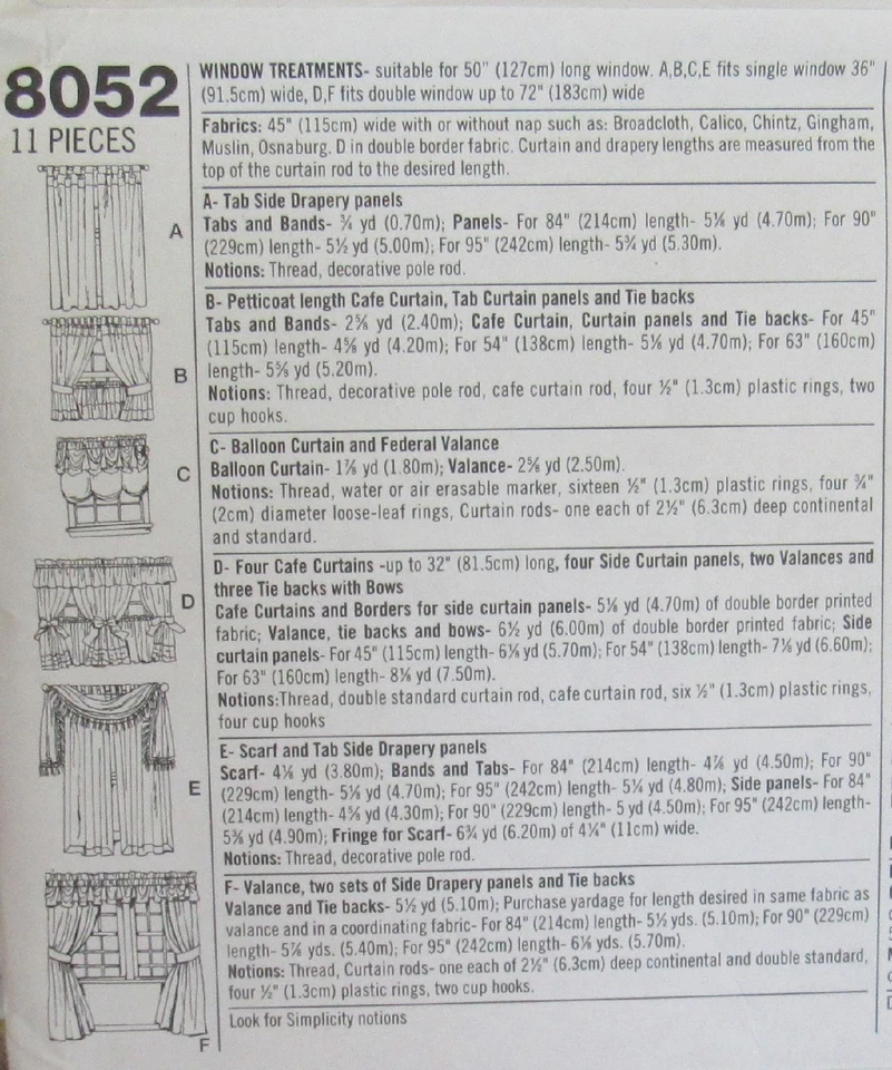 Simplicity Home Decor 8052 COUNTRY CURTAINS Draperies Valances Balloon Pattern - Image 2 of 2