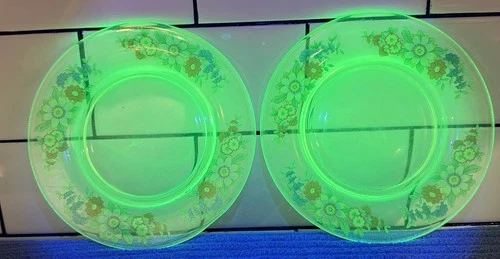 Two 6” Green Depression Glass Plate with Flowers Glows