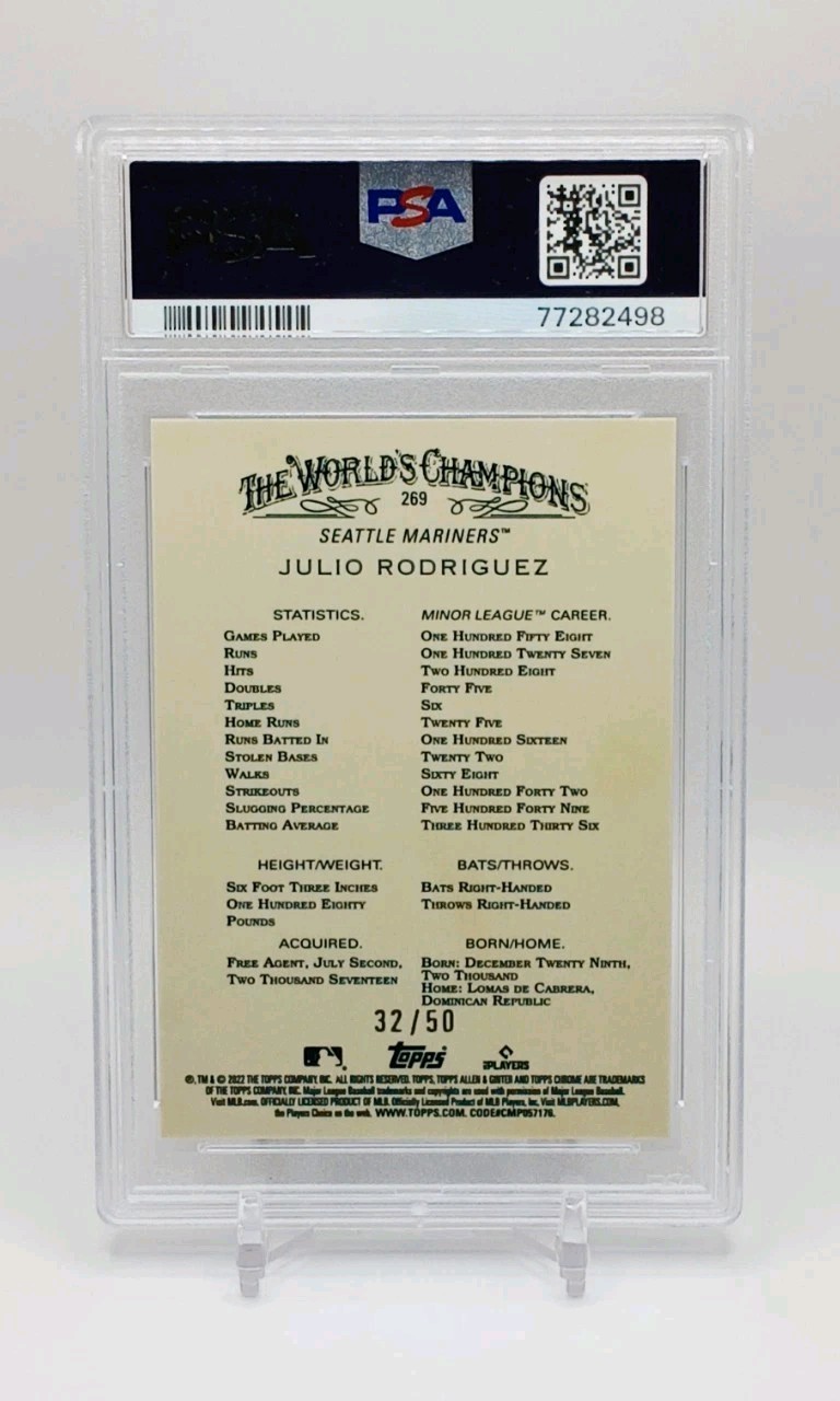 PSA 10 #/50 Gold Julio Rodriguez 2022 Topps Allen & Ginter Chrome Refractor RC view 2
