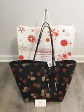 Coach Large  Taxi 🌺🌸Tote, Black  Red/Tan Flowers, black background #33857, NWT