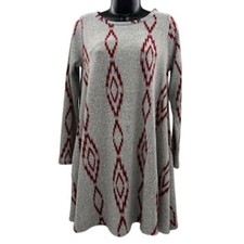 PinkBlush Womens Maturnity Gray Burgundy Southwestern Knit Swing Dress S