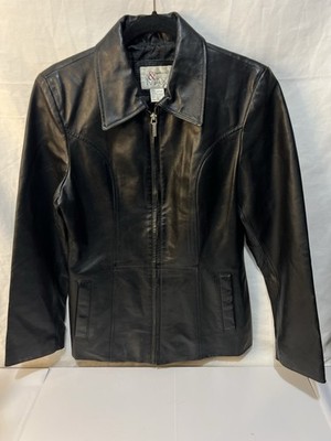 100% Genuine Leather Jacket Black Coat Women s Small Black Biker Y2K vintage EUC