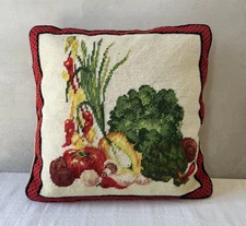 Vintage Needlepoint Pillow Farmhouse Cottage Garden Harvest Velvet Back 14x14