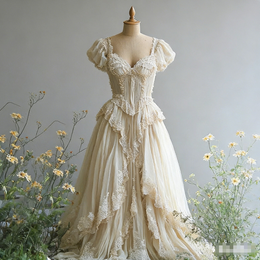 Vestidos de noche vintage de champán con apliques de encaje acanalados mangas cortas