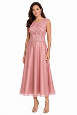 ALEX EVENINGS Mock 2pc Rose Pink Rosette Sequin Top Fit Flare Skirt Dress 12  L