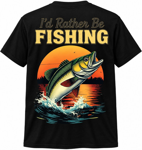 I'd Rather Be Fishing Men S-2XL Black Bass Fishing Graphic Tee Cotton Lake