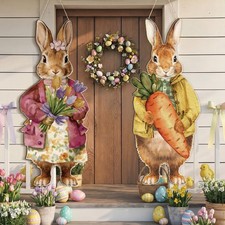 2 Pcs Large Easter Bunny Door Sign 12.1 x 29.3 Inch Easter Outdoor Decor Wooden