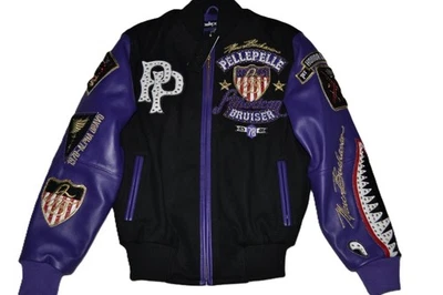 Pelle Pelle Veste Varsity Bruiser Américain En Cuir Laine Noir Violet NEUF - Photo 1/4
