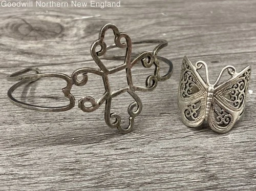 Sterling Silver Jewelry Lot w. Vintage Cuff Bracelet Butterfly Band Ring 15.57g