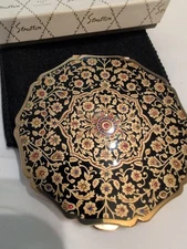 Vintage Stratton Black & Gold Floral Powder Mirror Compact Case England 