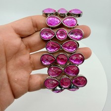 Vintage Y2K Magenta Pink Tear Drop Statement Cuff Stretch Bracelet Silver Tone