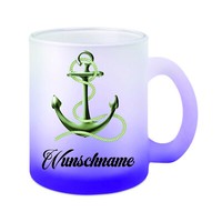 "Glas-Tasse Weiß/Lila \" Anker Mit Wunschname \" Teetasse Kaffeetasse"
