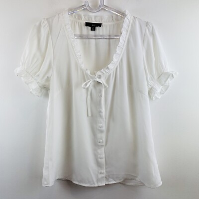 MVN Size 12 White Short Sleeves Blouse Ruffle Neck Button Bow Down Designer