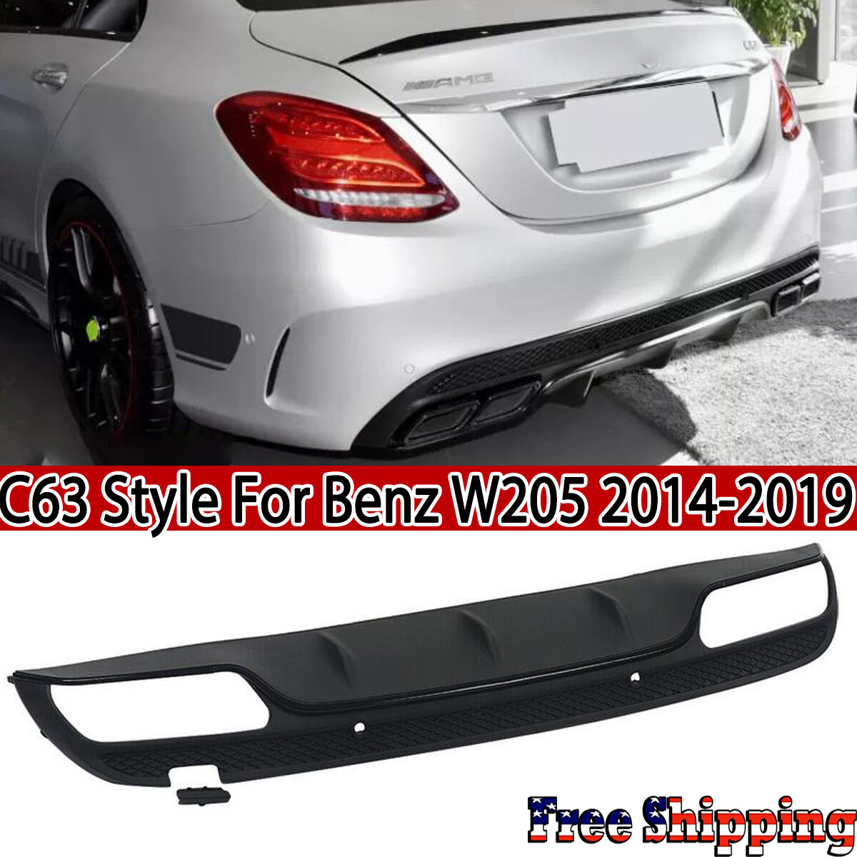 Rear Diffuser + Exhaust Tips For Mercedes Benz W205 C300 C350 AMGLine