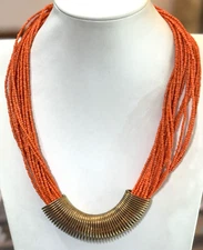 Charming Charlie Orange Seed Bead Multi Strand Layer Bronze Tone Spiral Necklace