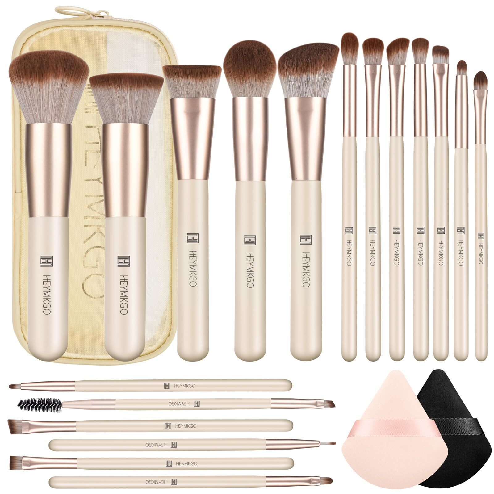 HEYMKGO 18-Piece Professional Makeup Brush Set with 2 Powder Puffs for Flawless Beauty Looks