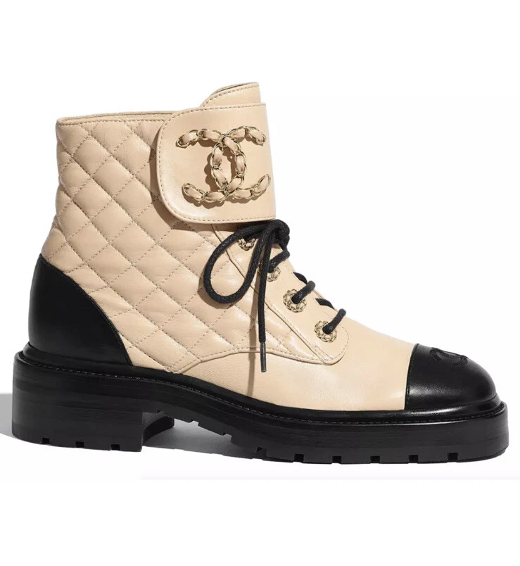 CHANEL QUILTED LACE UP COMBAT SHOES BOOTS, BEIGE & BLACK 36.5 MINT