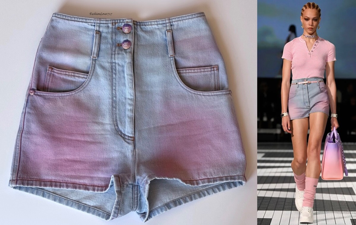 24C CHANEL RUNWAY BLUE PINK OMBRE CC LOGO DENIM JEAN SHORTS 34 | eBay