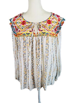 Savanna Jane Boho Embroidered Peasant Western Striped Tie Top Tunic SZ 1X