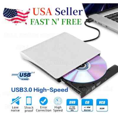 Slim External CD DVD Drive USB 3.0 Disc Player Burner Writer For Mac, Laptop, PC
