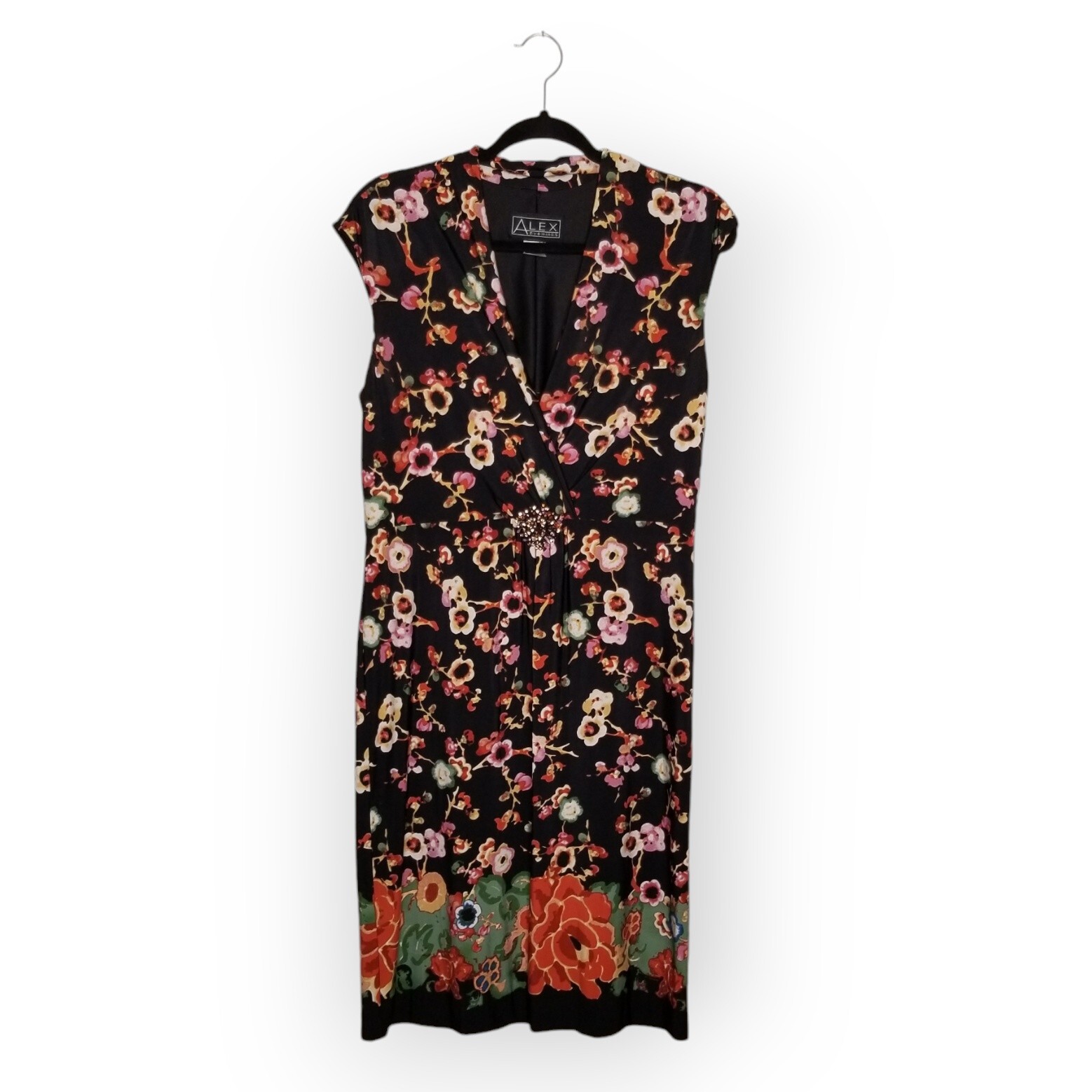 Alex Evenings cocktail dress black floral rhinestone brooch women's 10