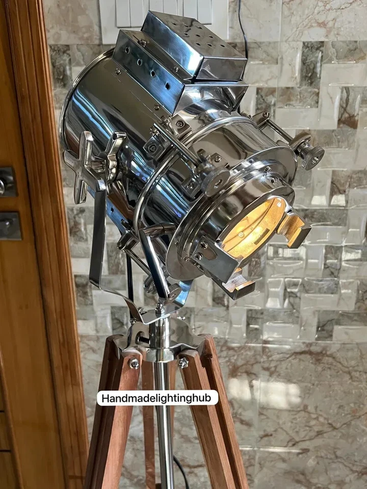 Foco Náutico Cromo Lámpara de Pie Trípode de Madera Natural Soporte Lámpara Industrial Foto 2 de 4