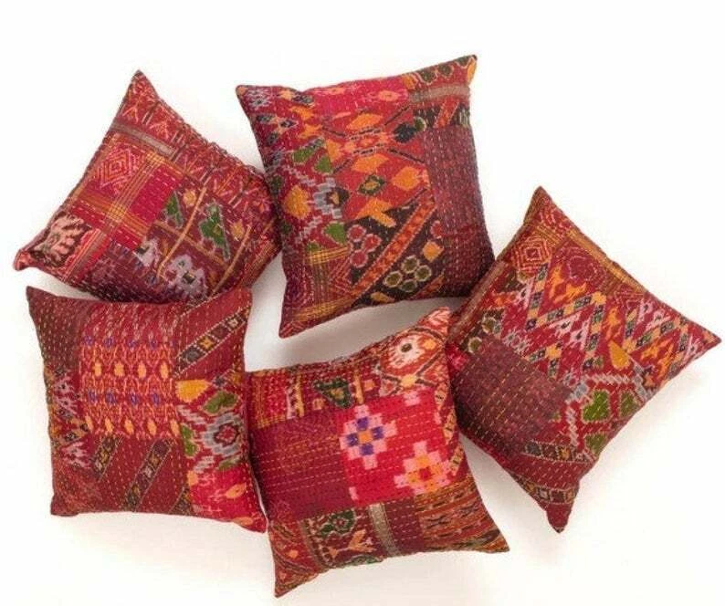 Silk Patola Patchwork Indian Handmade Queen Cotton Kantha Quilt Throw Bedspread - Image 2 of 4