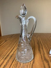 Vintage Lead Crystal Glass Vinegar-Oil Cruet Cut Glass Flower 9.5”t Pitcher #27