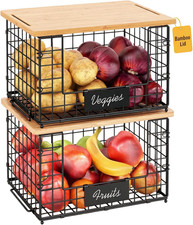 2 Pack Stackable Wire Baskets with Bamboo Top,Pantry Organizers Counter