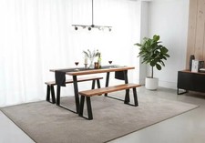 The Modern Hebden Dining Table and Bench Set - Solid Wood with steel legs