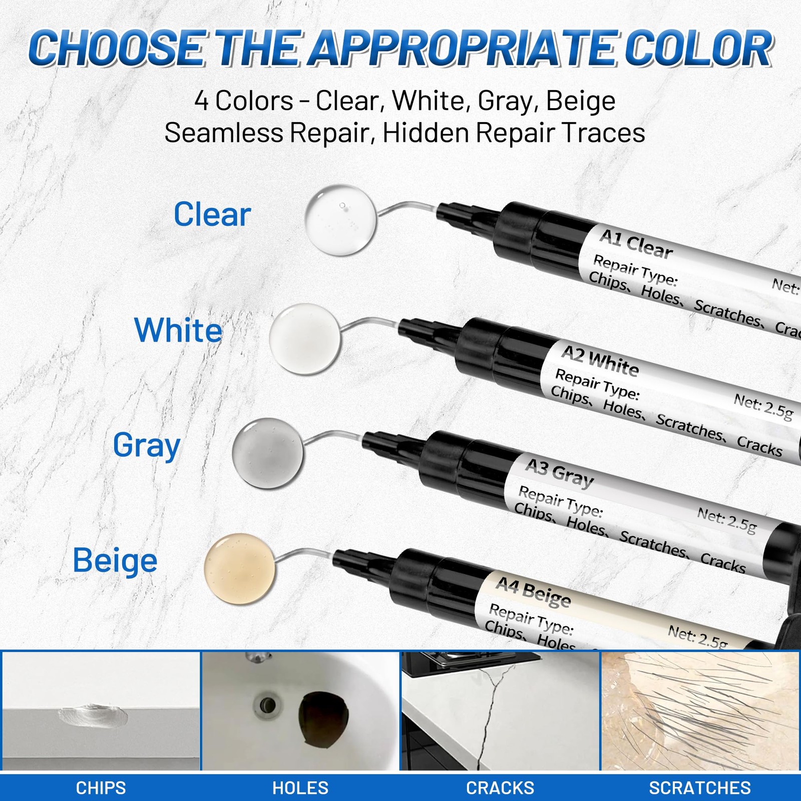 Quartz Countertop Repair Kit (Clear, White, Gray, Beige) 30s Fast Curing DIY ...