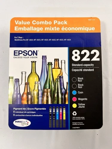 EPSON 822 INK CARTRIDGES  T8221-5-SVH BLACK(X2) C/M/Y NEW SEALED Exp. 07/2028+