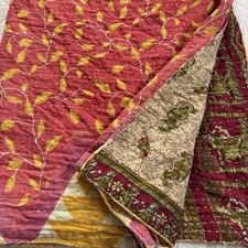 Vintage Kantha Quilt Throw Blanket 54  x 86   Double Sided  Soft Cotton