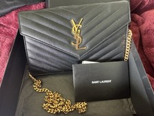 Saint Laurent Black/Gold Chevron Quilted Logo Chain Wallet on Chain, Credit Card