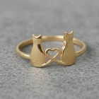 Dainty Two Cats Rings Gold Silver Heart Minimalist Kitten Animal Lover Gift Band