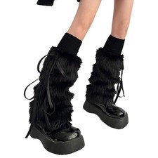 Women Y2K Fuzzy Leg Warmers Faux Fur Fluffy Leg Warmers Bow Tie Boot Cuffs